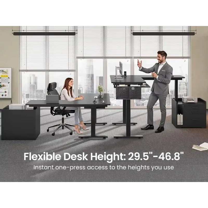 L-Shaped Electric Standing Desk With File Cabinet Adjustable Height