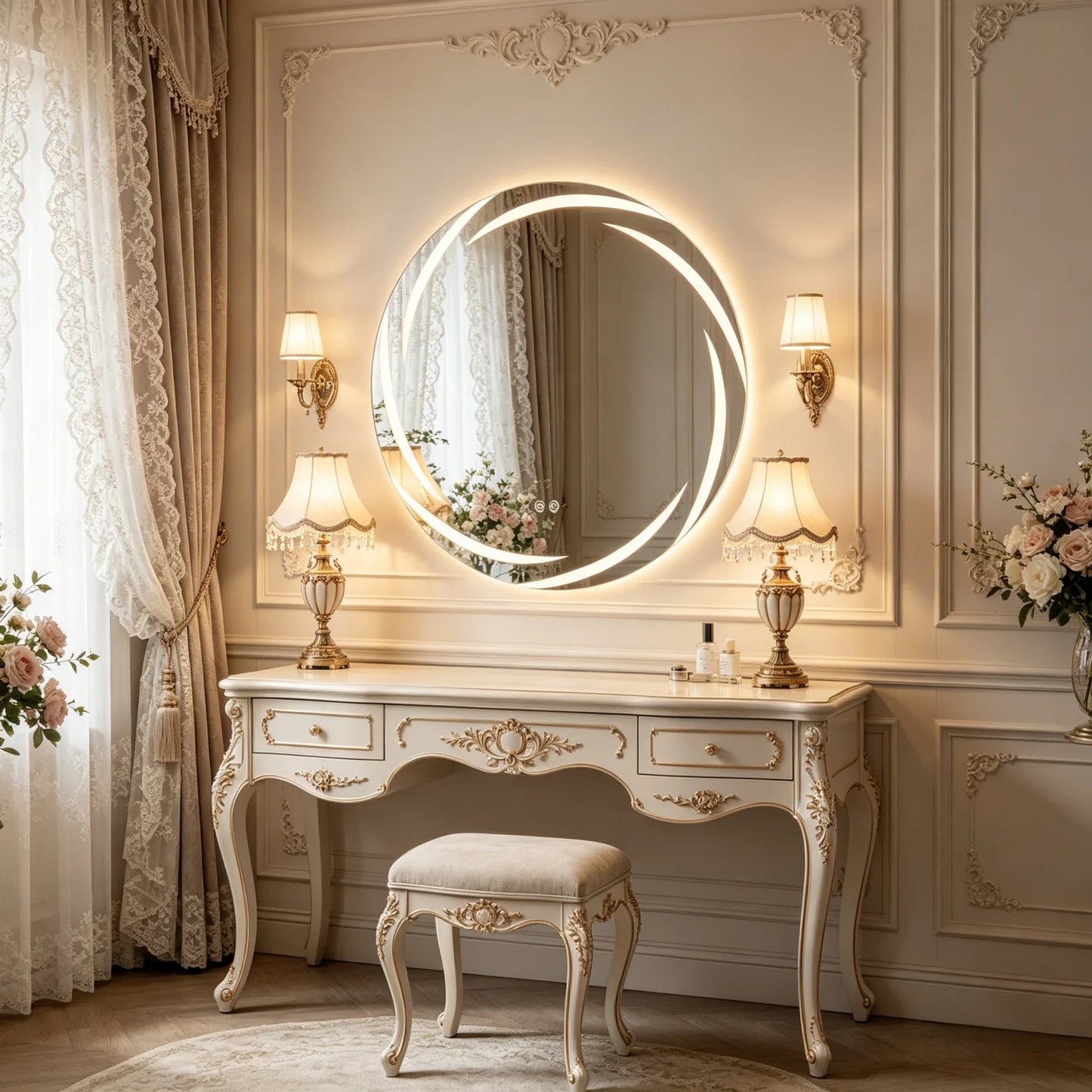 LED Round Bathroom Mirror Backlit Anti-Fog Dimmable Three-Color Lights