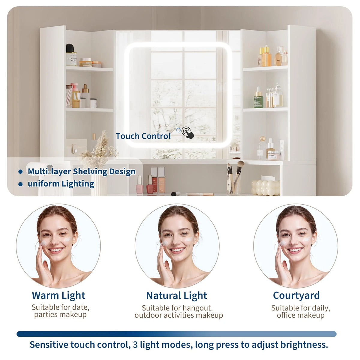 HiMISS Corner Vanity Desk With LED Mirror And Charging Station
