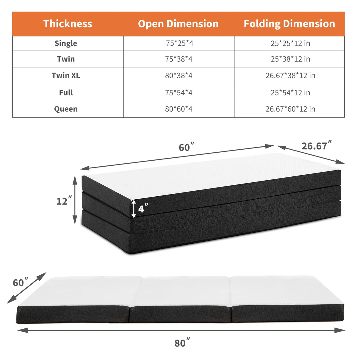 JHK Trifold Memory Foam Mattress With Washable Cover