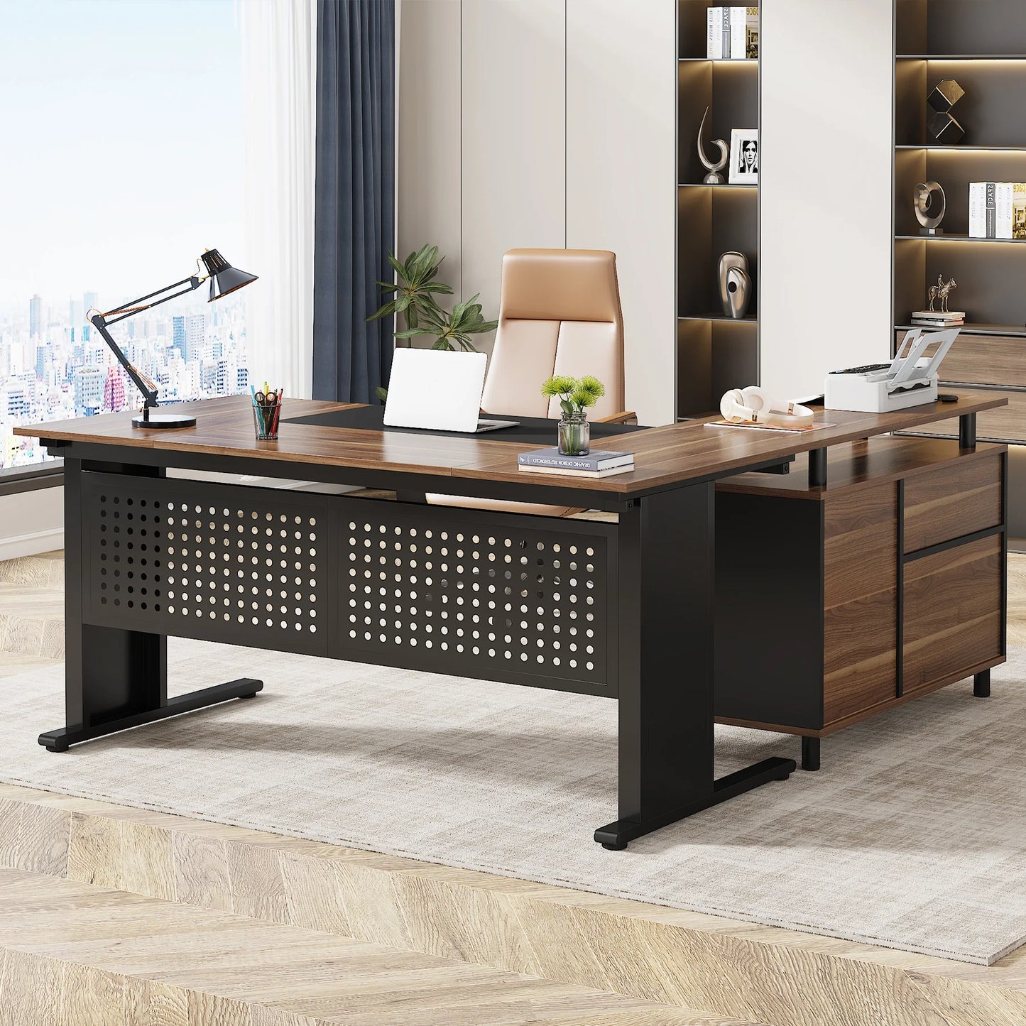 Tribesigns L Shaped Executive Desk With File Cabinet