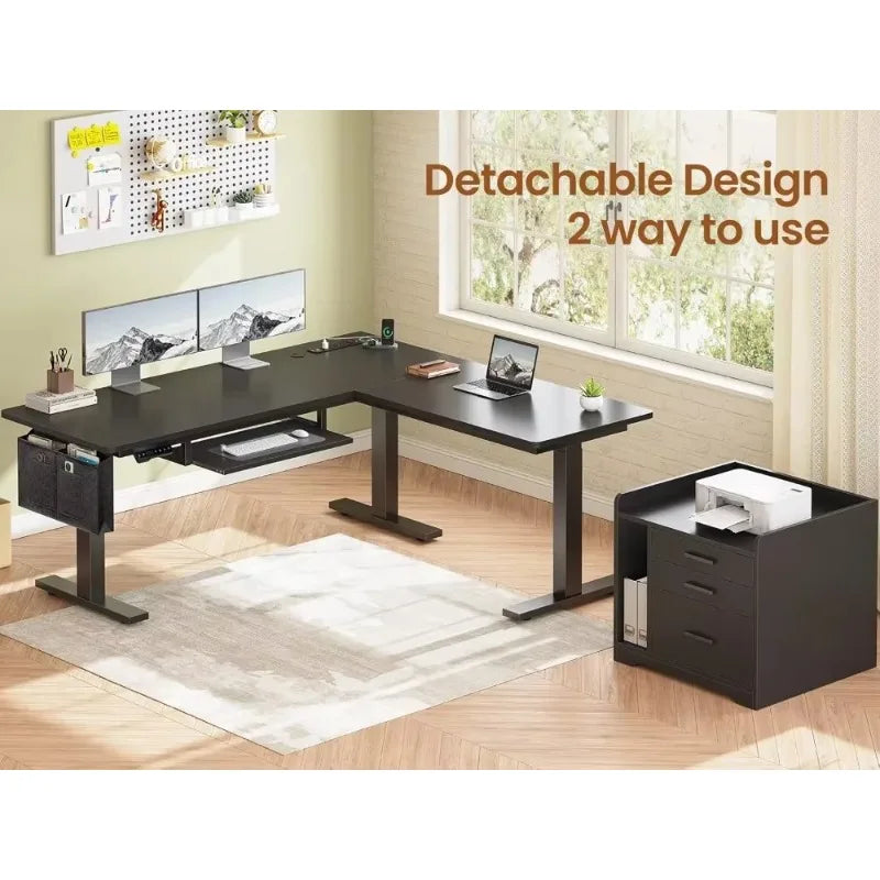L-Shaped Electric Standing Desk With File Cabinet Adjustable Height