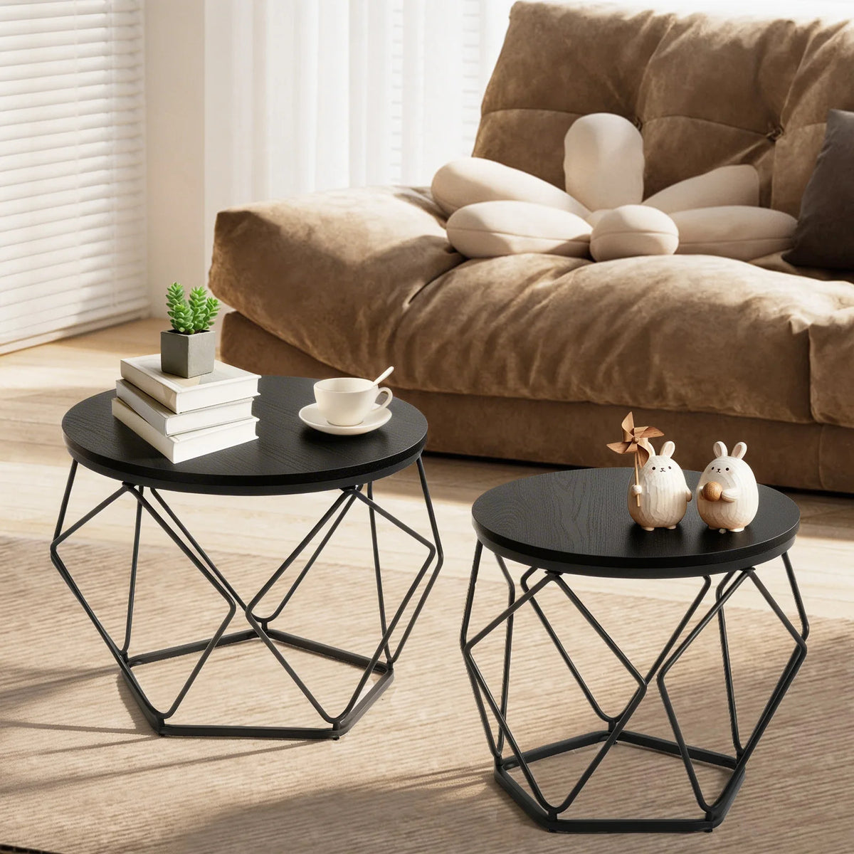 JHK Round Geometric Metal Coffee Table Set With Nesting Tables