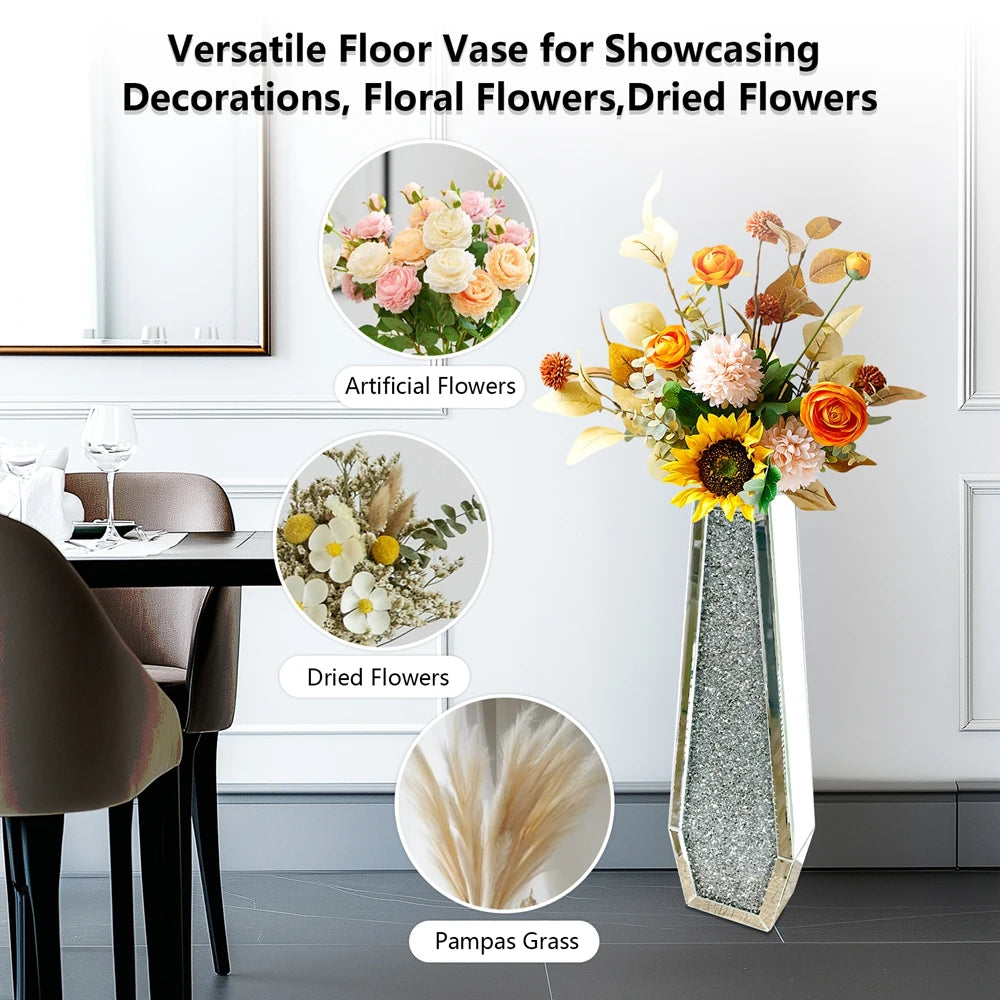 Premium Mirrored Floor Flower Vase With Crushed Diamond Design