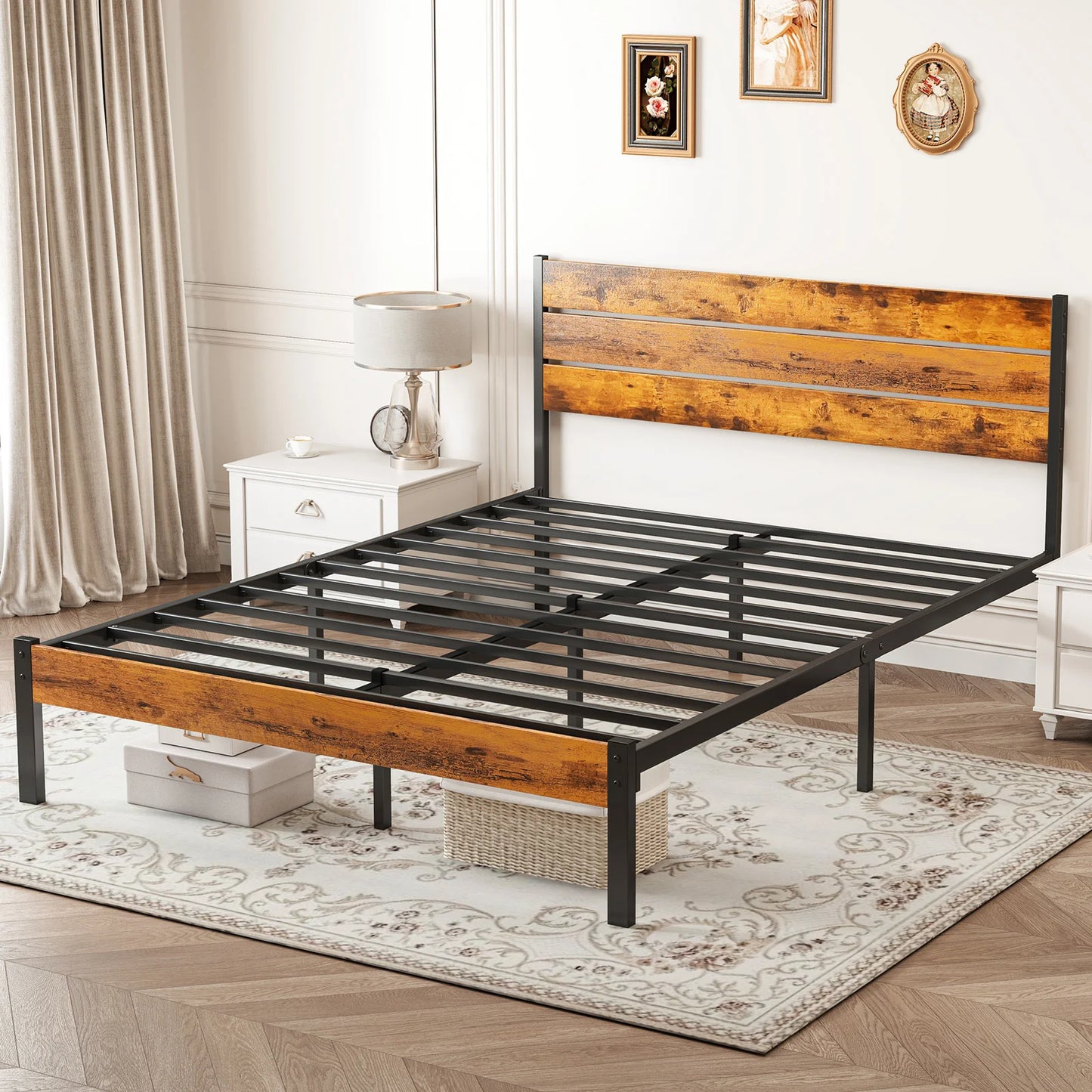 MCQ Wooden Headboard and Metal Platform Frame with Sturdy Slats