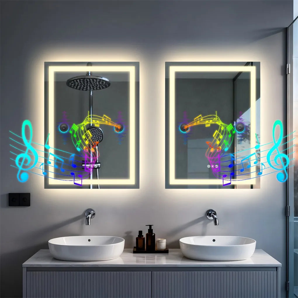 Borwart Smart Led Bathroom Mirror Antifog Tempered Glass Dual Speaker