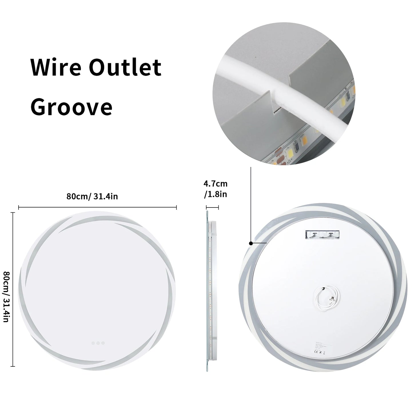 LED Round Bathroom Mirror Backlit Anti-Fog Dimmable Three-Color Lights
