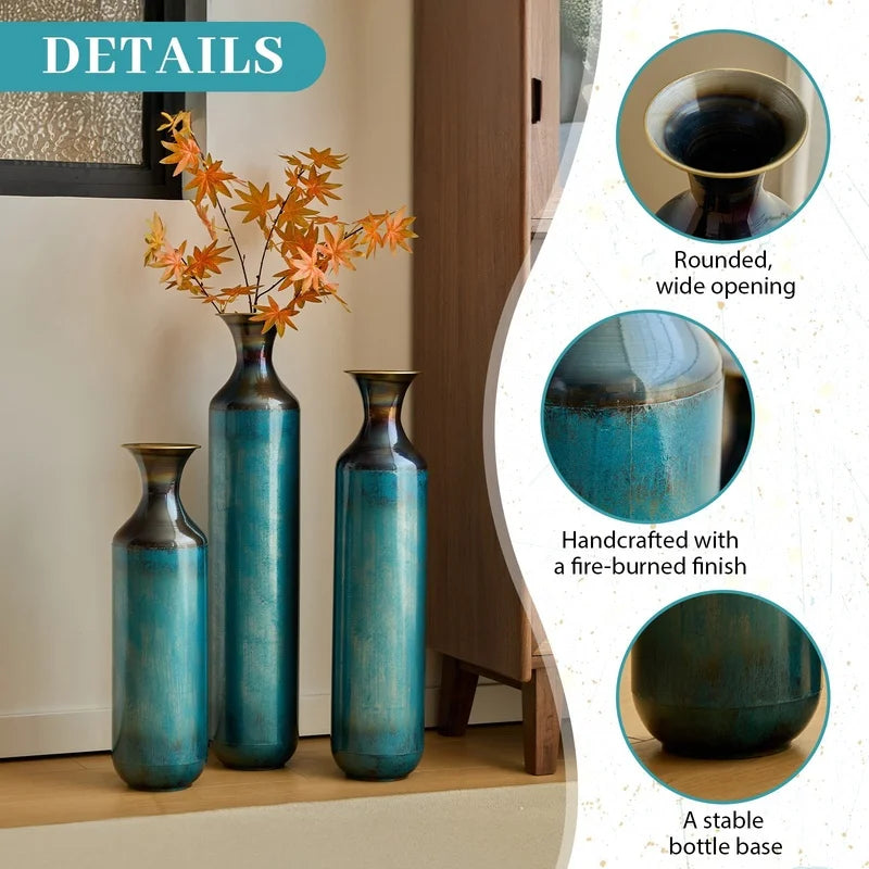 Torch-Fired Metal Floor Vases Set Rustic Home Decor