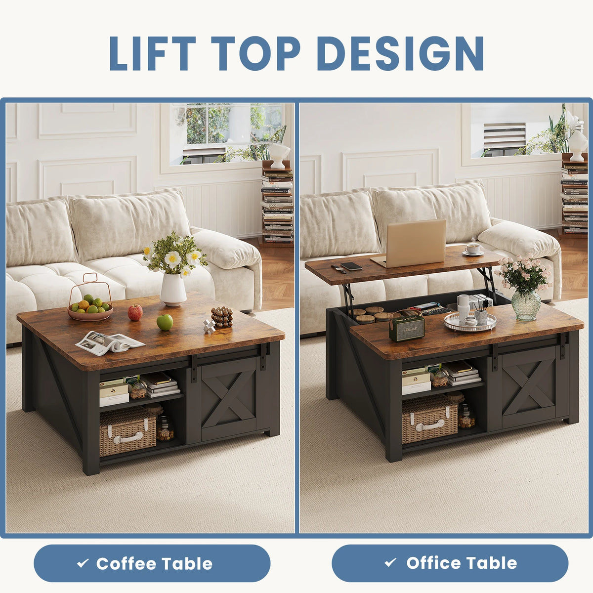 MCQ Wood Lift Top Coffee Table Square Adjustable Storage