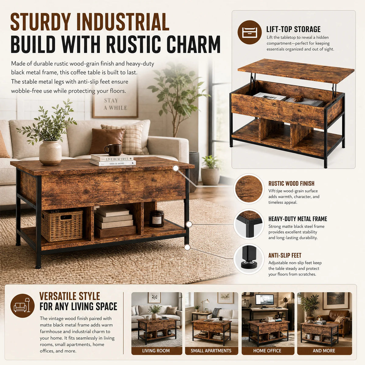 Antique Wood Lift Top Coffee Table Featuring Hidden Storage Shelf