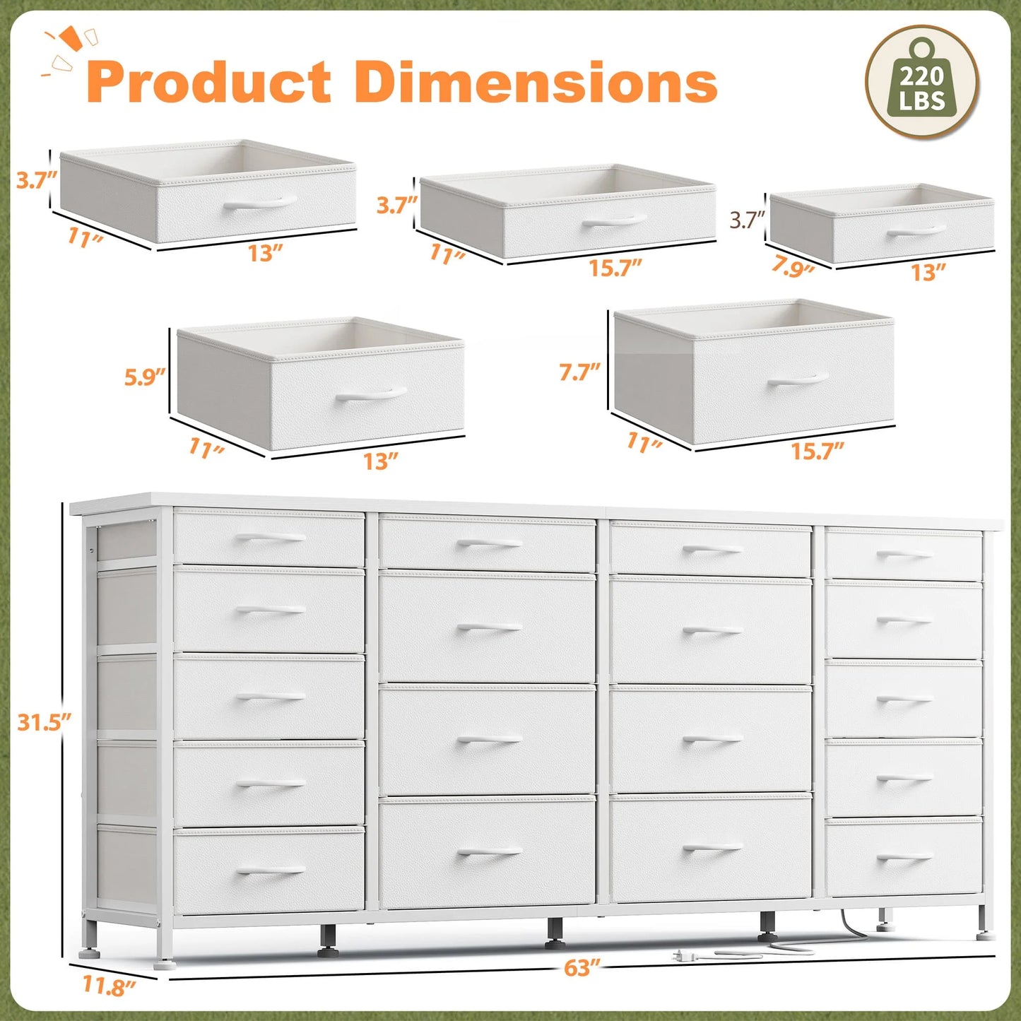 EnHomee 18-Drawer Fabric Dresser TV Stand With LED Lights