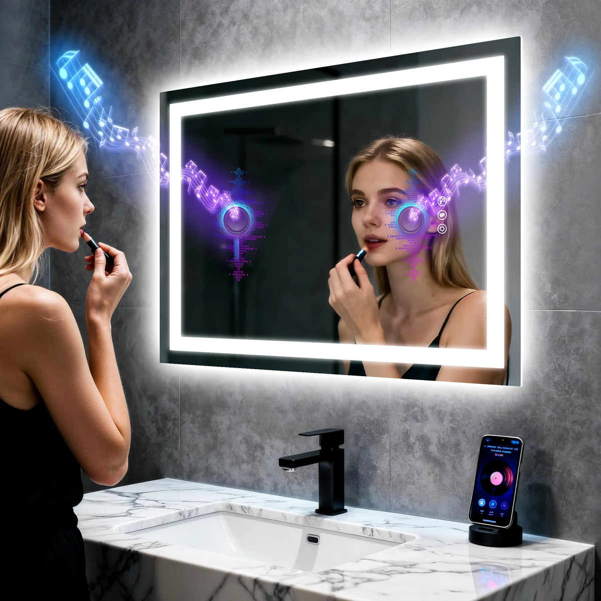 Borwart Smart Led Bathroom Mirror Antifog Tempered Glass Dual Speaker