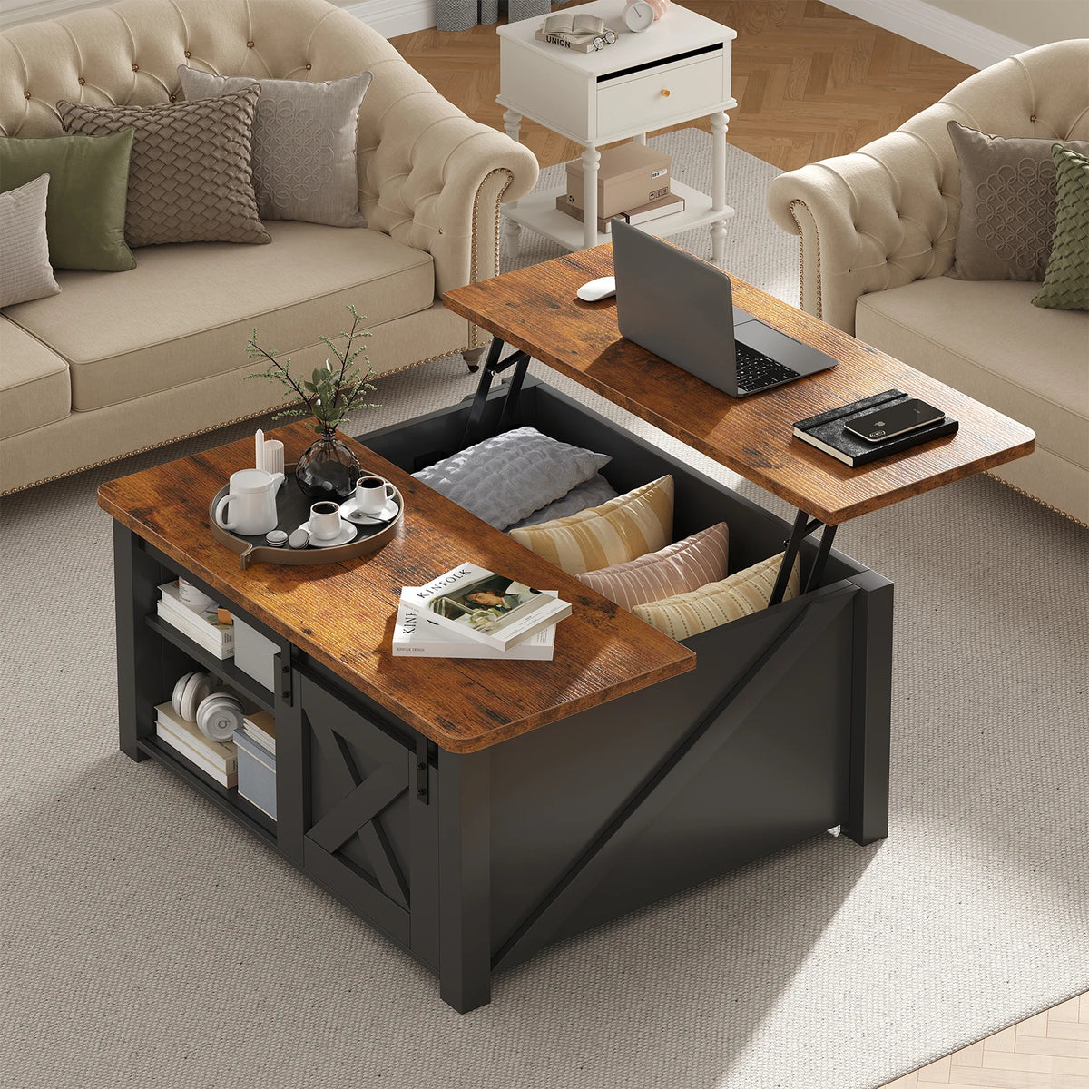 MCQ Wood Lift Top Coffee Table Square Adjustable Storage