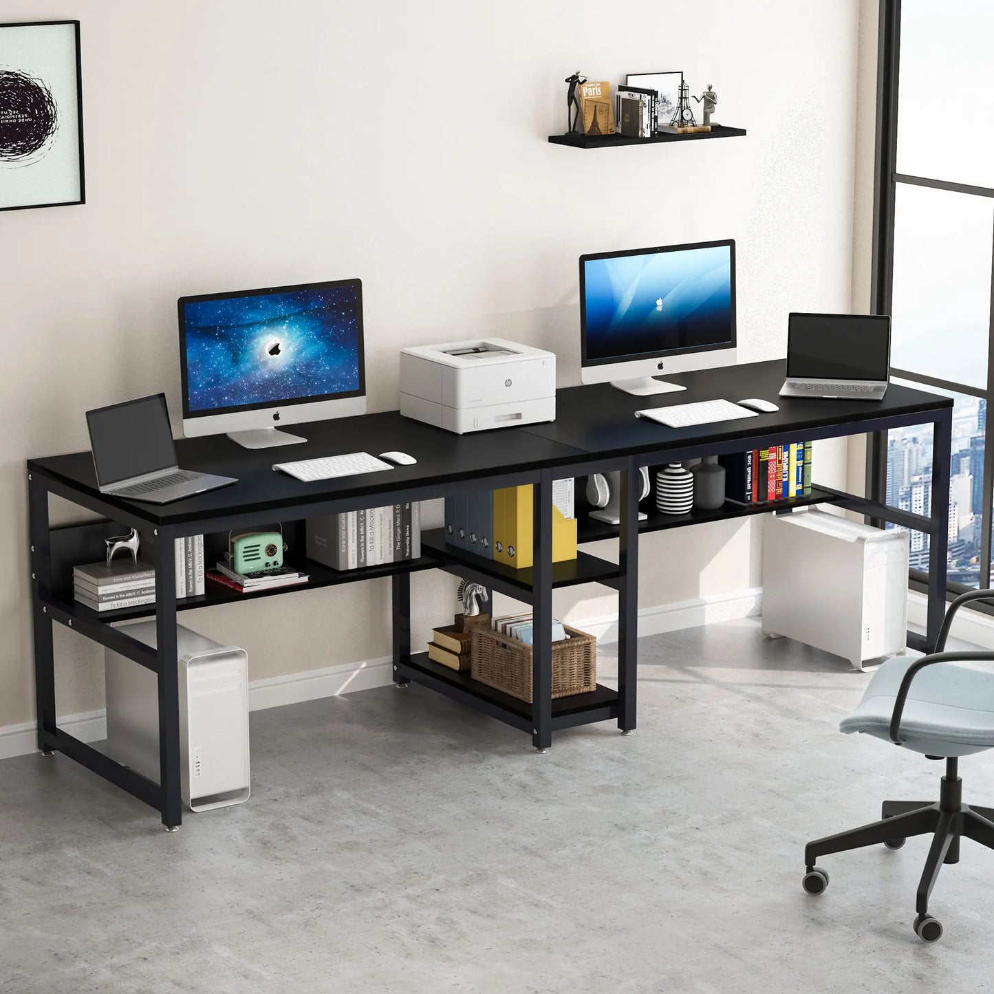 Tribesigns Two Person Desk With Bookshelf Rustic Office Computer Desk