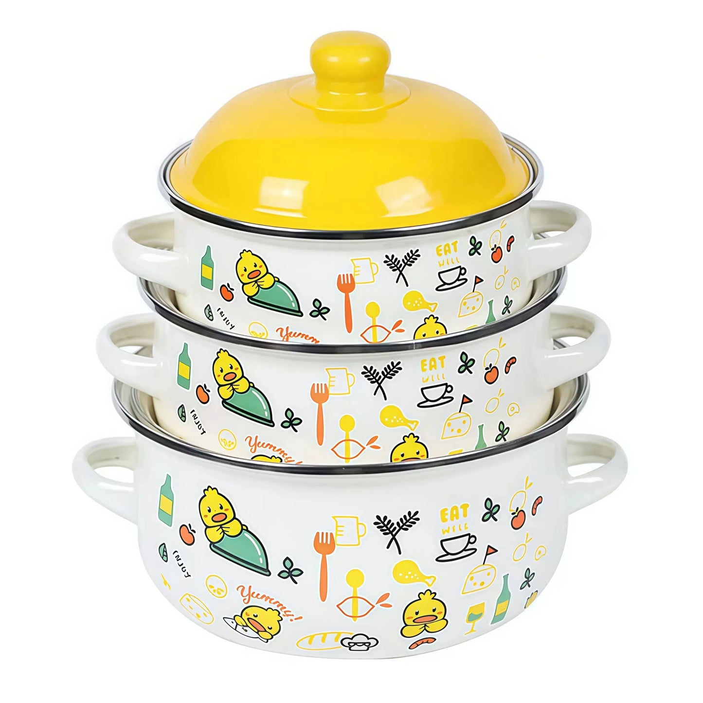 3-Piece Vintage Enamel Stock Pot Set With Lids For Induction And Gas Stoves