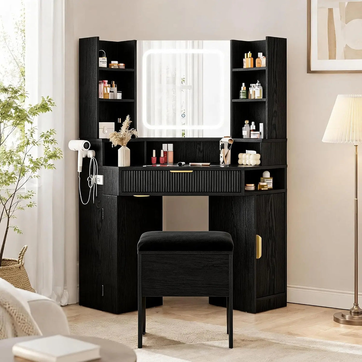 HiMISS Corner Vanity Desk With LED Mirror And Charging Station