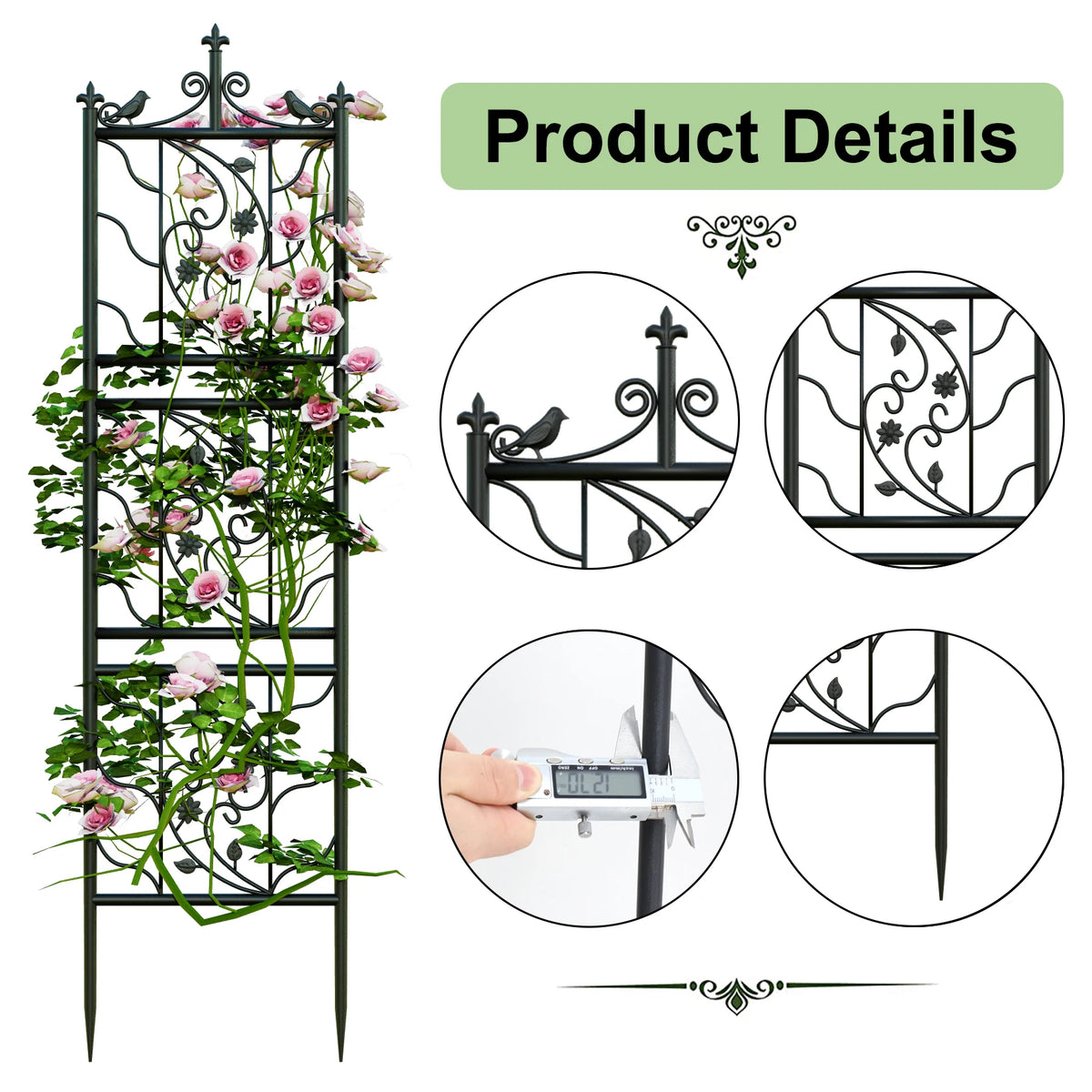 Tall Thick Metal Garden Trellis Bird Leaf Grid Climbing Support