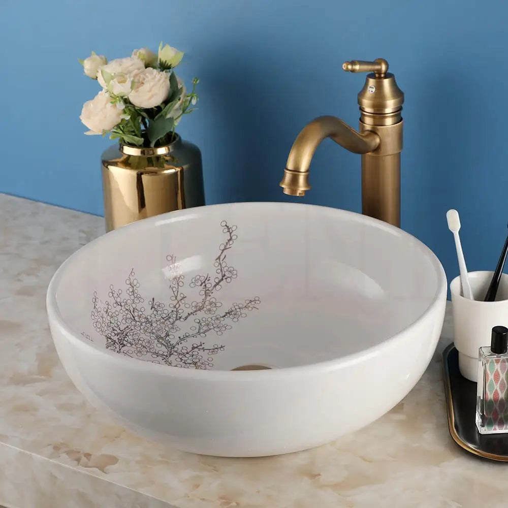 Yanksmart Ceramic Bowl Bathroom Basin Set With Antique Faucet