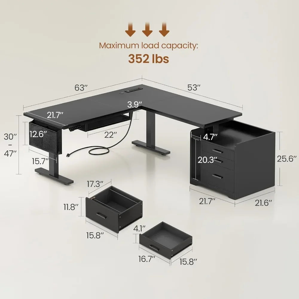 L-Shaped Electric Standing Desk With File Cabinet Adjustable Height