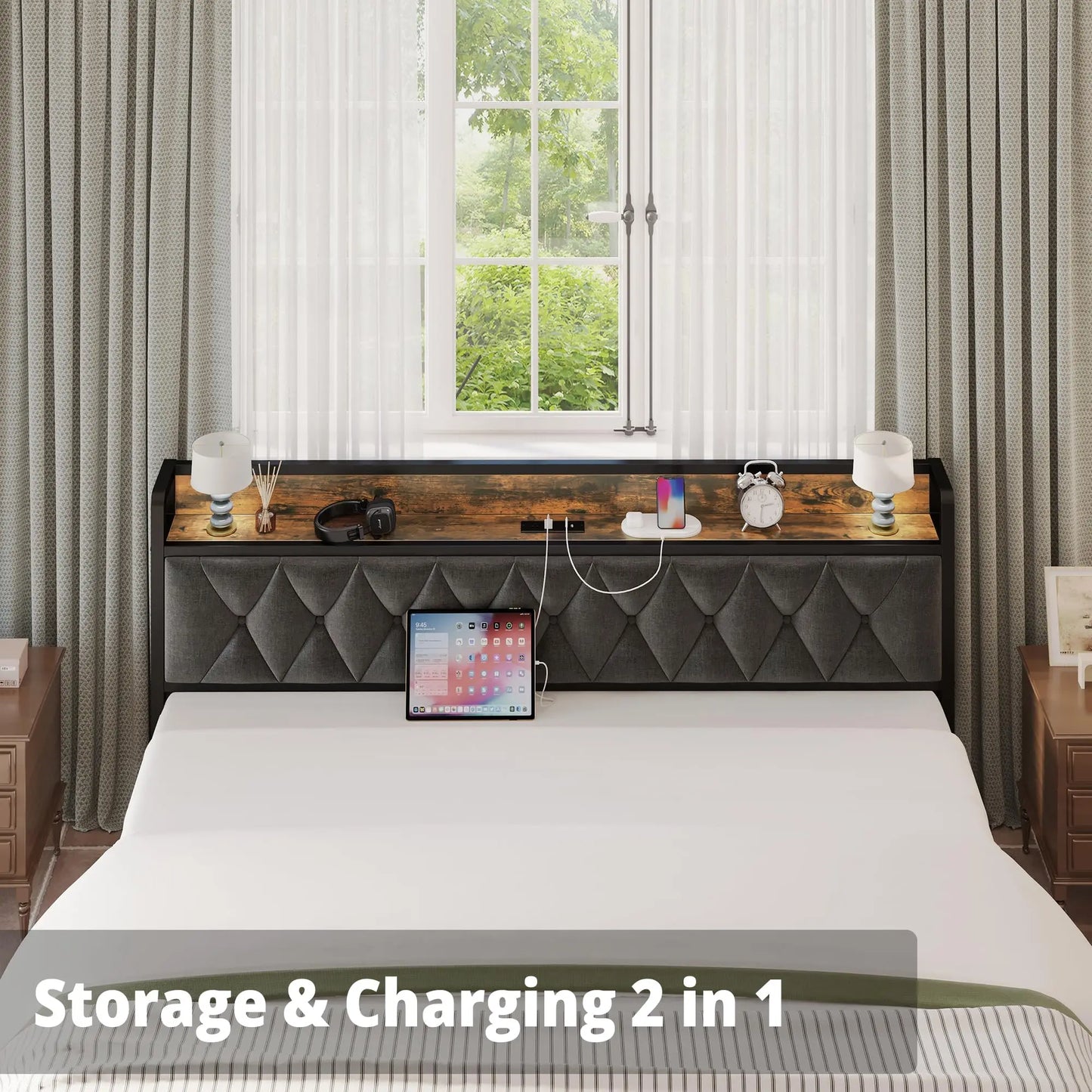 Anctor Storage Headboard Bed Frame With Outlets Quiet Performance
