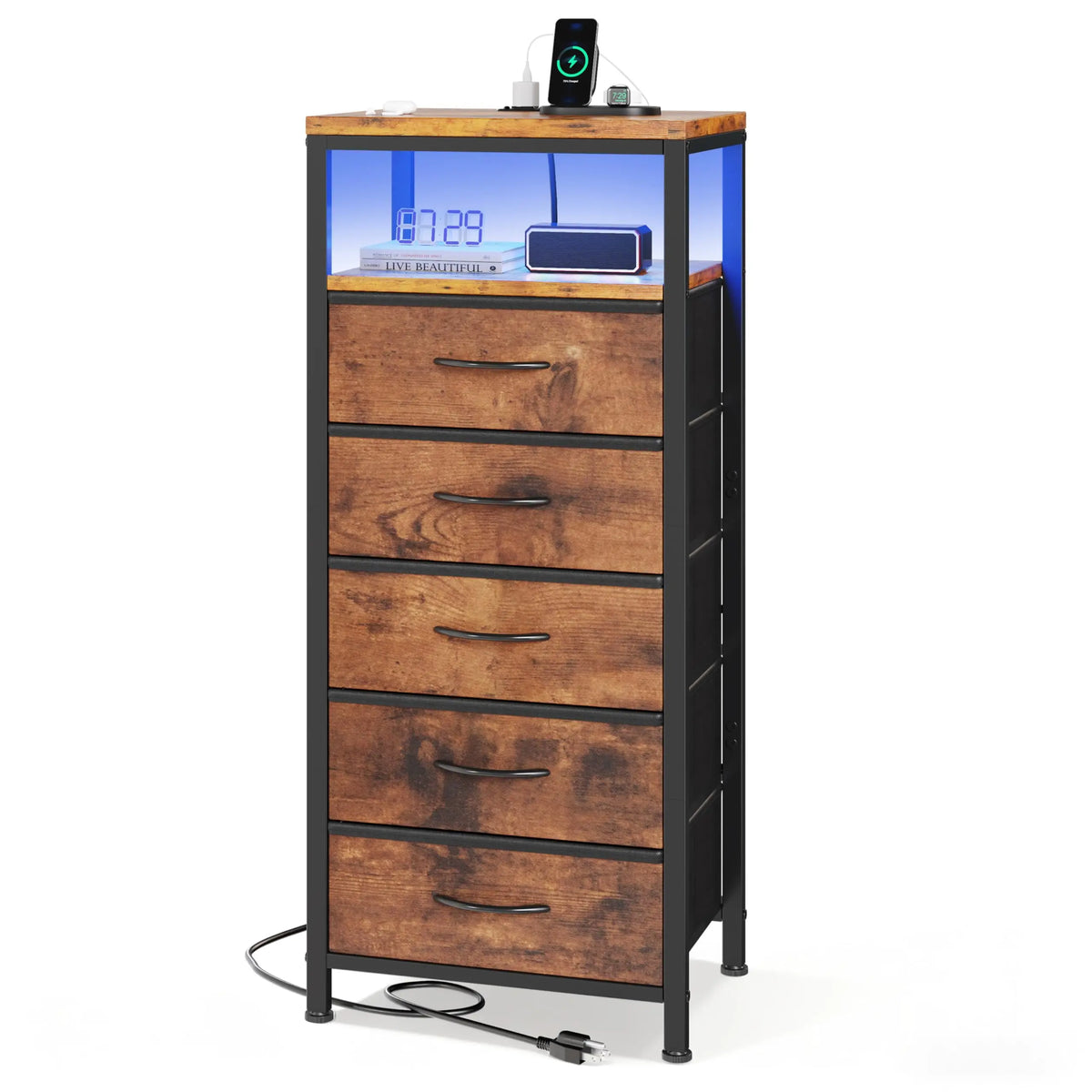 JHK Five Drawer Dresser Nightstand With Integrated Charging Port