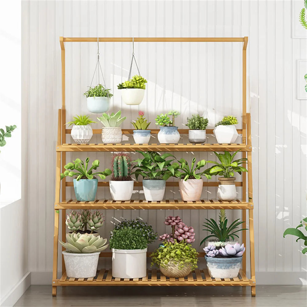 Folding Bamboo Plant Stand 3-Tier Ladder Shelf For Pots