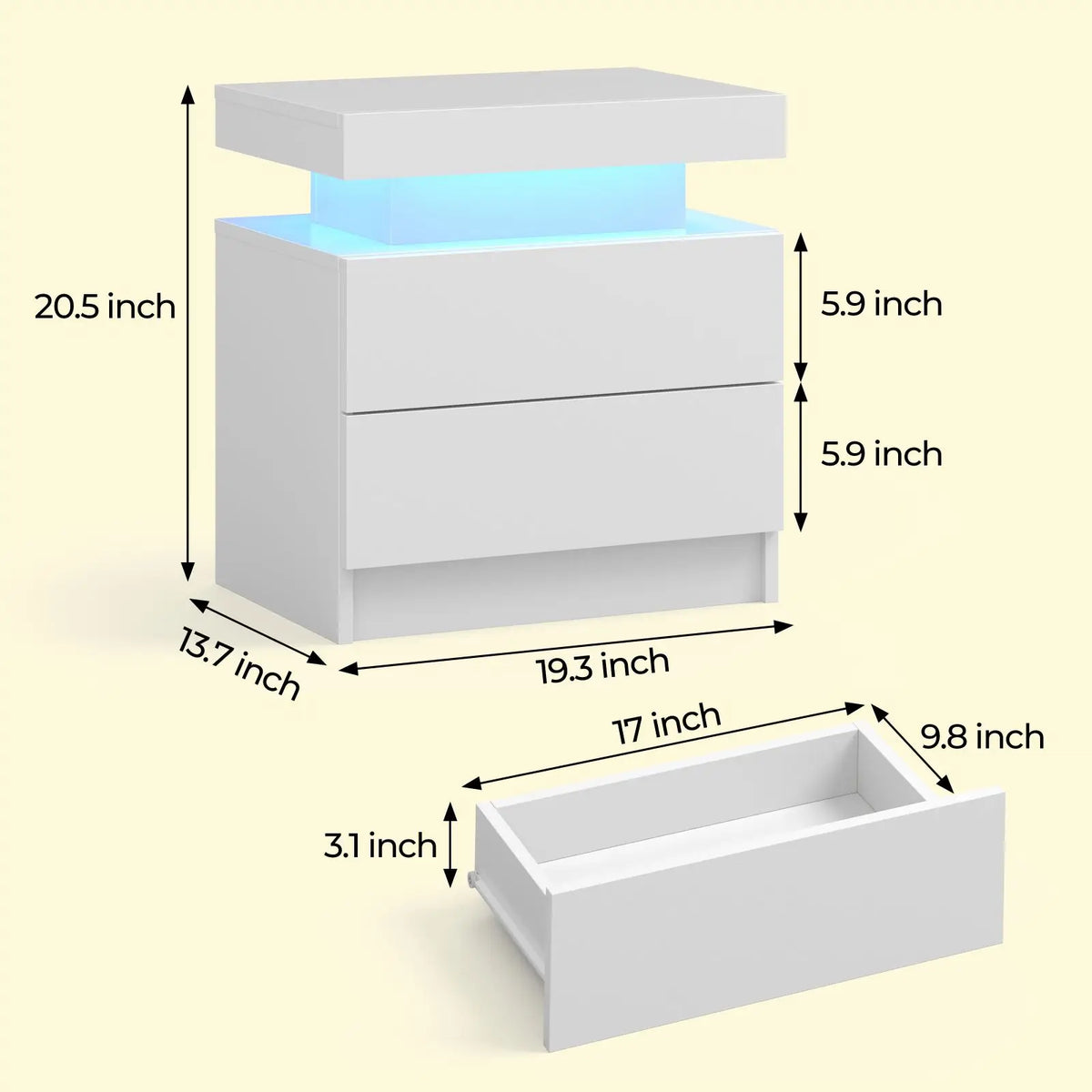 Cubehom Wooden Led Nightstand With Two Drawers And Rgb Lights