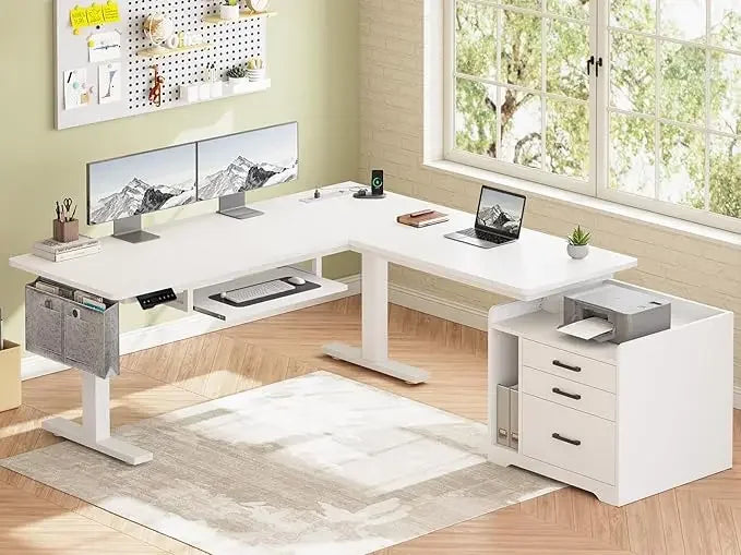 L-Shaped Electric Standing Desk With File Cabinet Adjustable Height