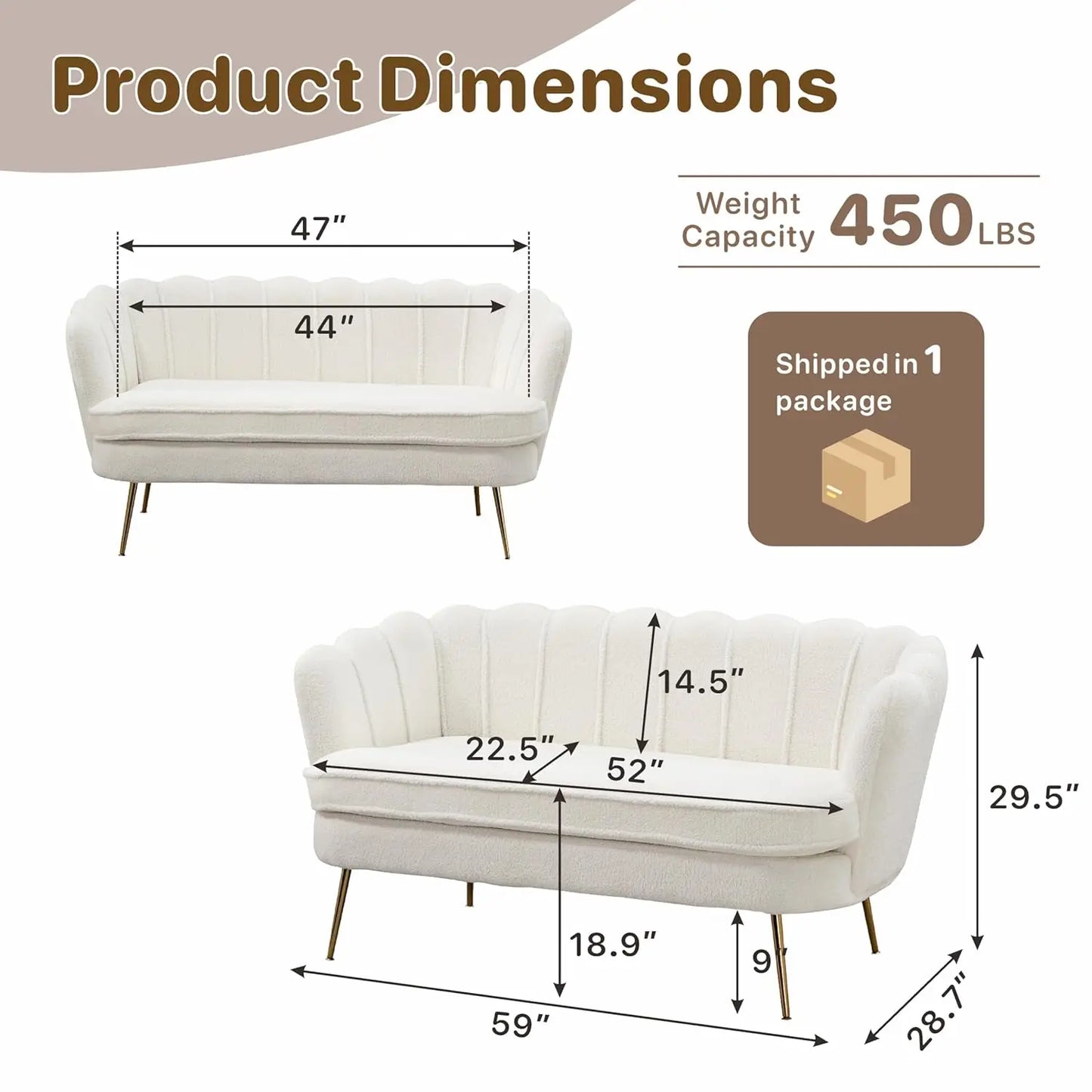 Sherpa Boucle Two Seater Sofa With Gold Metal Legs