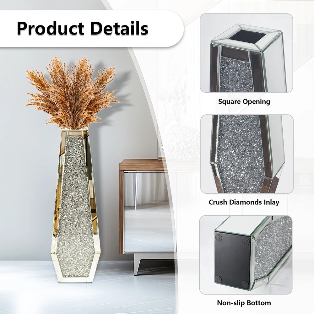 Premium Mirrored Floor Flower Vase With Crushed Diamond Design