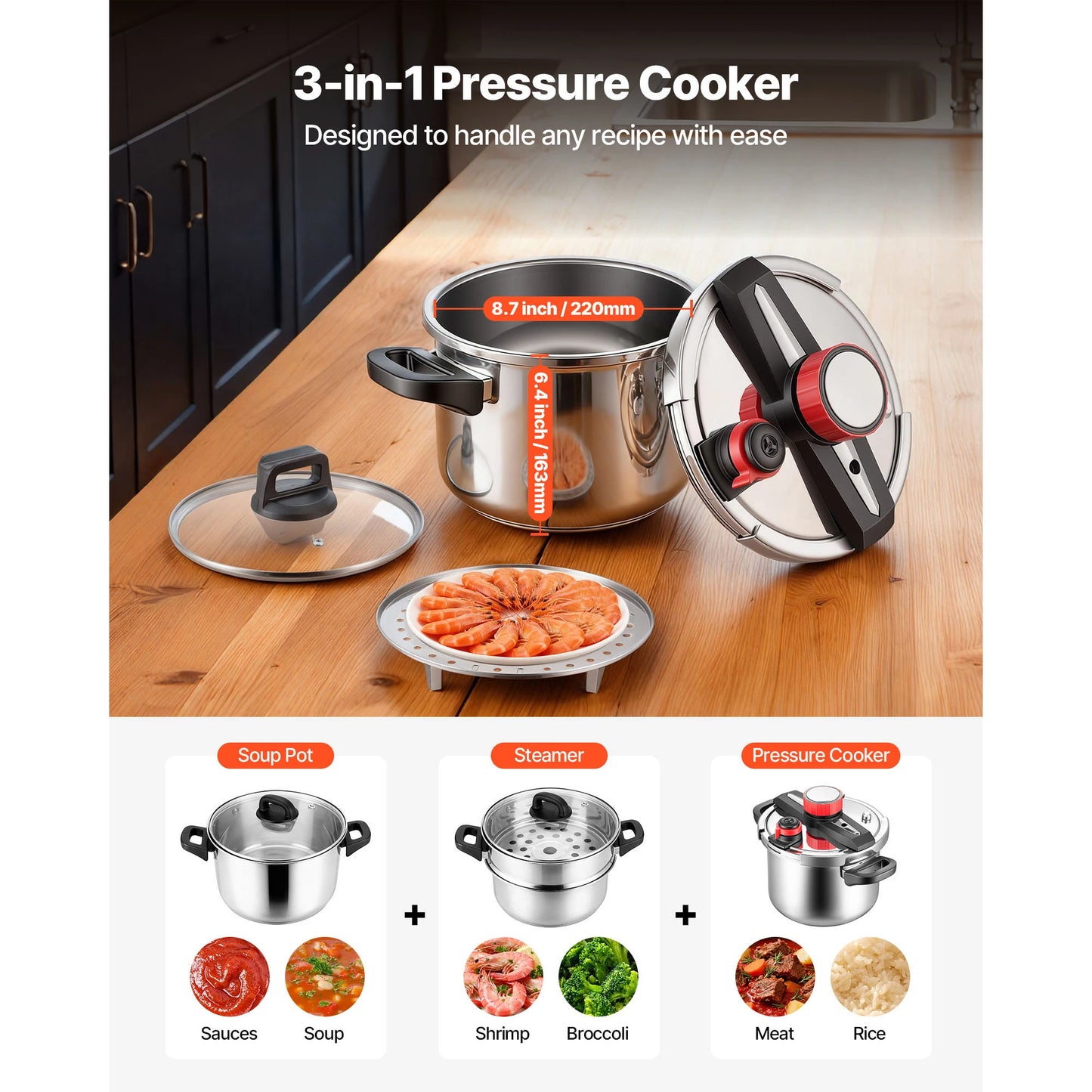 SucceBuy Stainless Steel Pressure Cooker With Steaming Rack Tempered Glass Lid