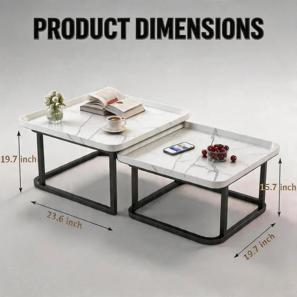 HiMISS Square Fluted Nesting Coffee Table Set For Home Decor