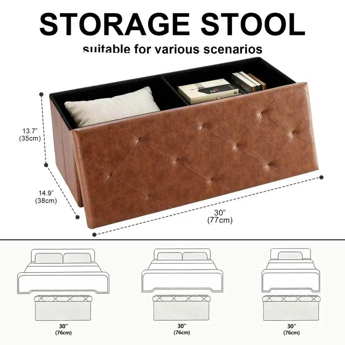 Sturdy Tufted Faux Leather Folding Storage Bench Ottoman