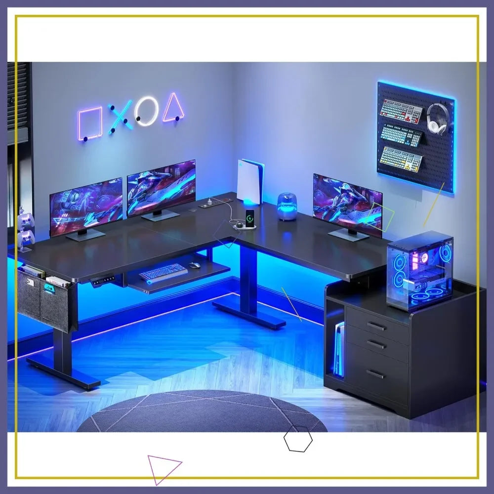 L-Shaped Electric Standing Desk With File Cabinet Adjustable Height