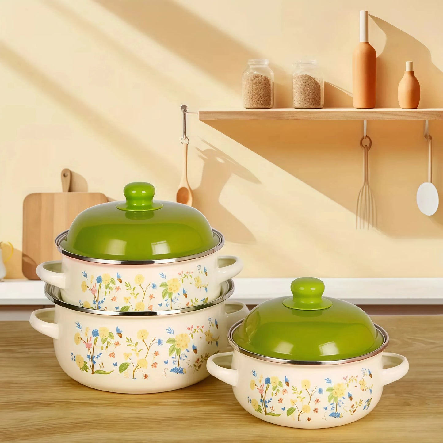 Vintage Enamel Cooking Pot Set With Lids For Induction Stove