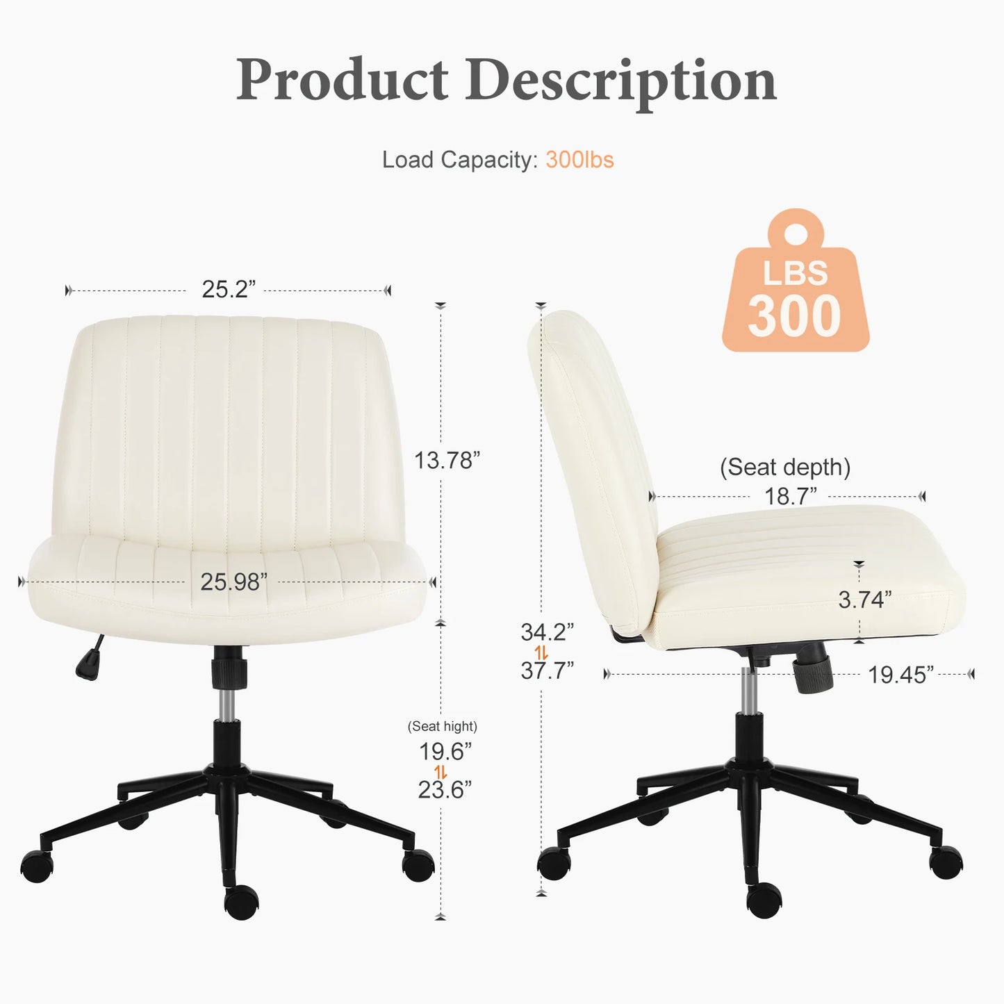 JHK Armless Swivel Office Chair With Wheels PU Leather