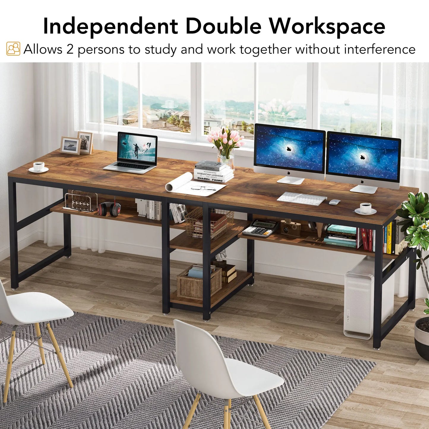 Tribesigns Two Person Desk With Bookshelf Rustic Office Computer Desk