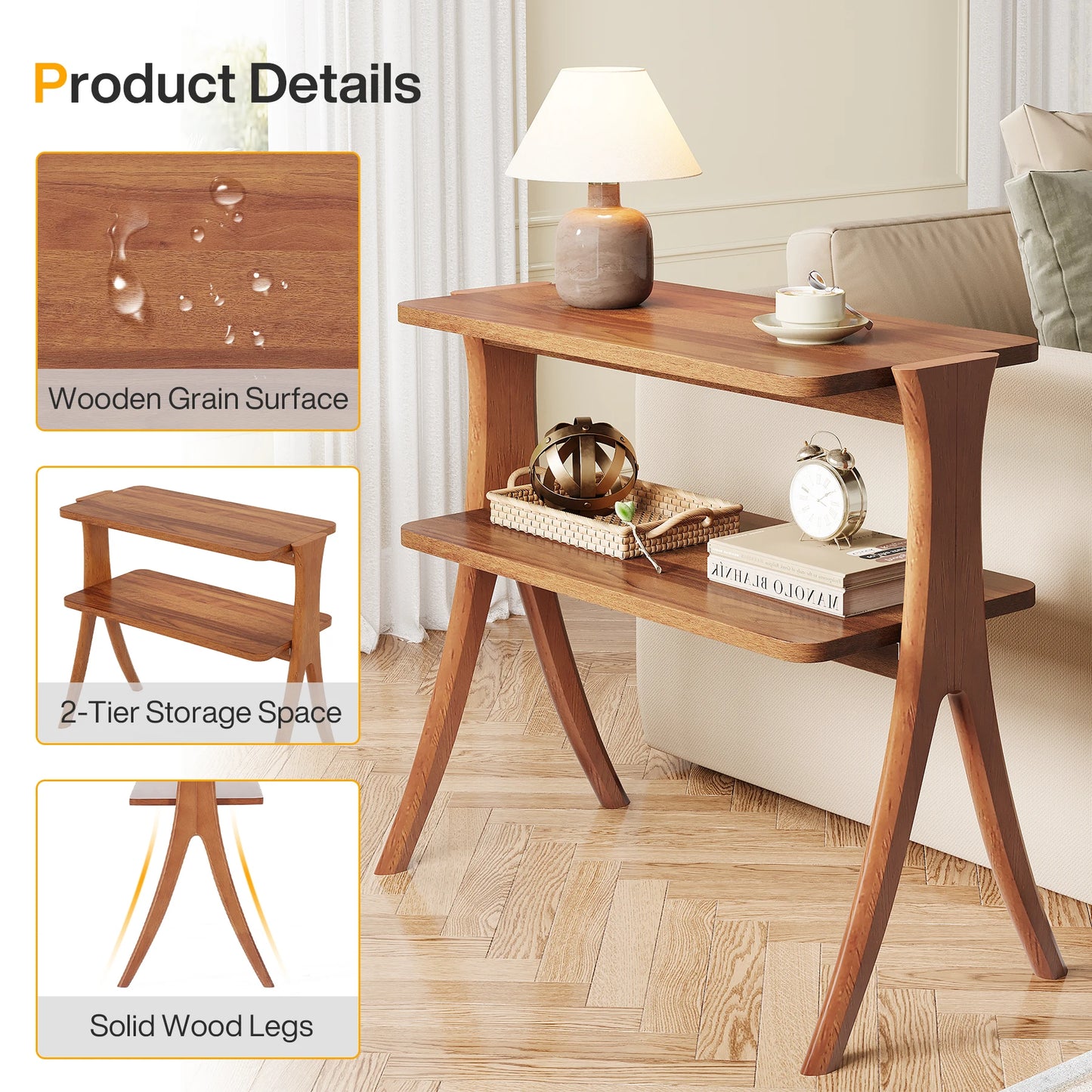 Tribesigns Walnut Side Table With 2-Tier Storage Shelf