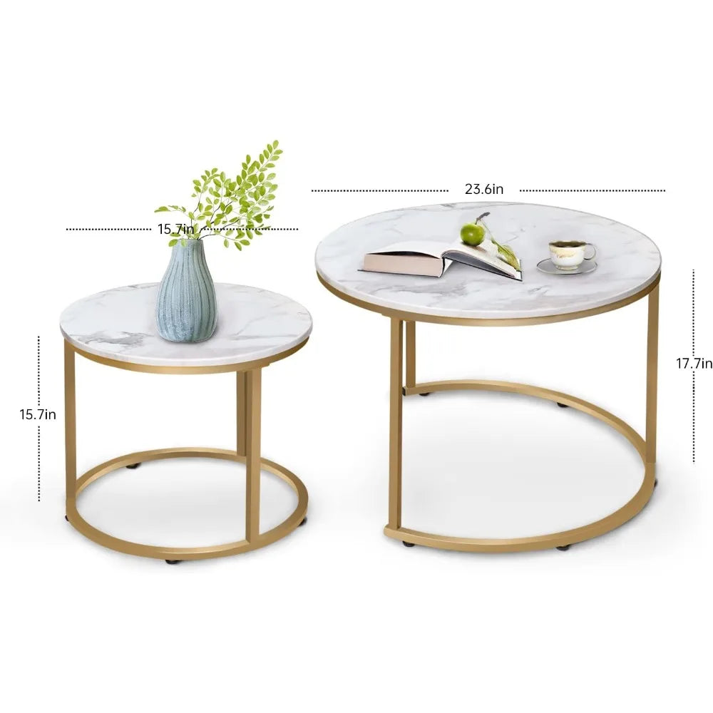 Xiuwo Nesting Coffee Tables Set White Marble Pattern Golden Frame