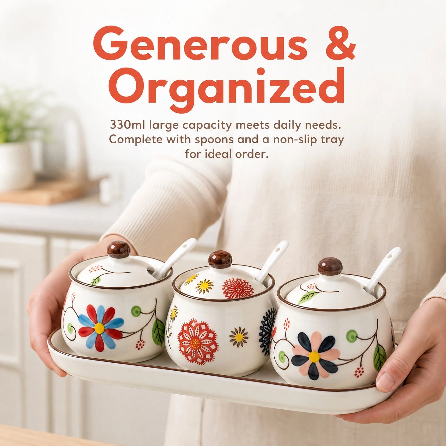 Hand-Painted Ceramic Spice Jar Set With Tray, Vintage Japanese Style
