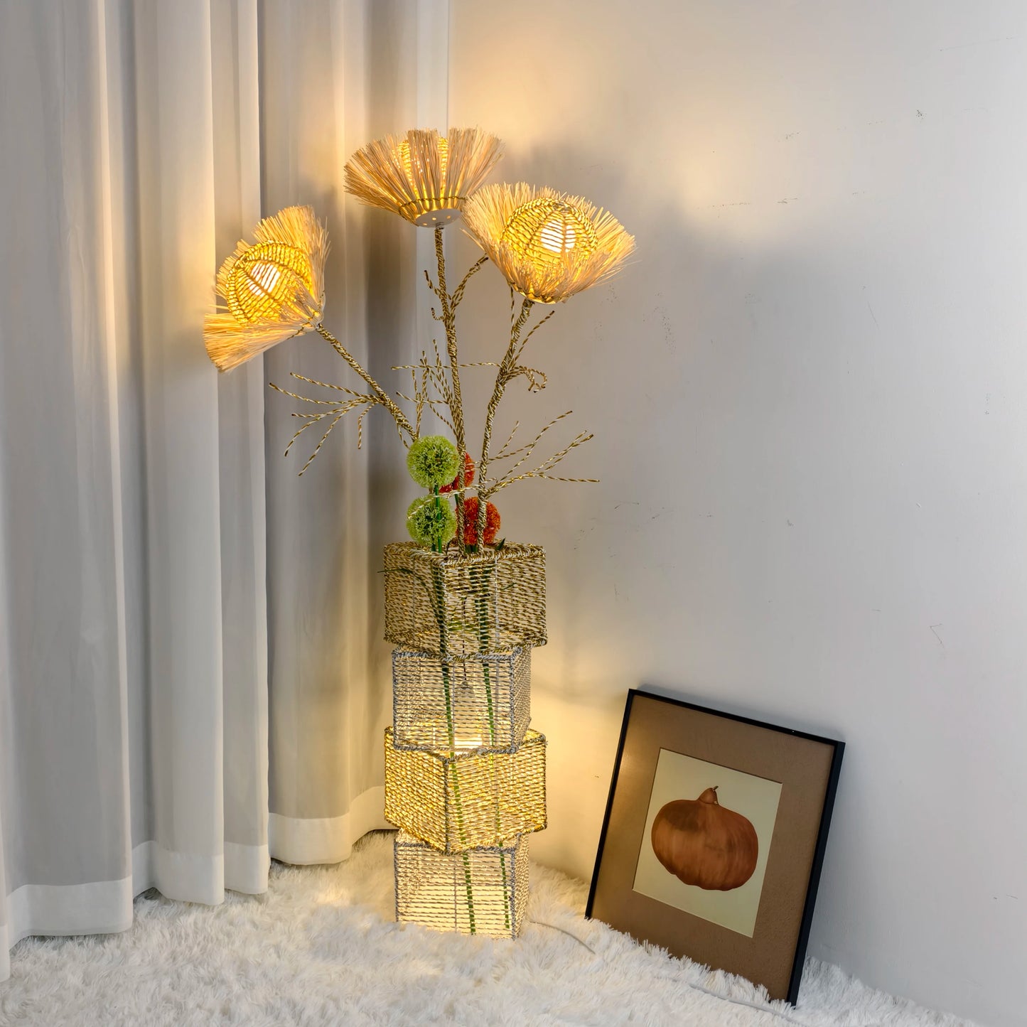 Modern Rattan Floor Lamp Dimmable LED Night Light Living Room
