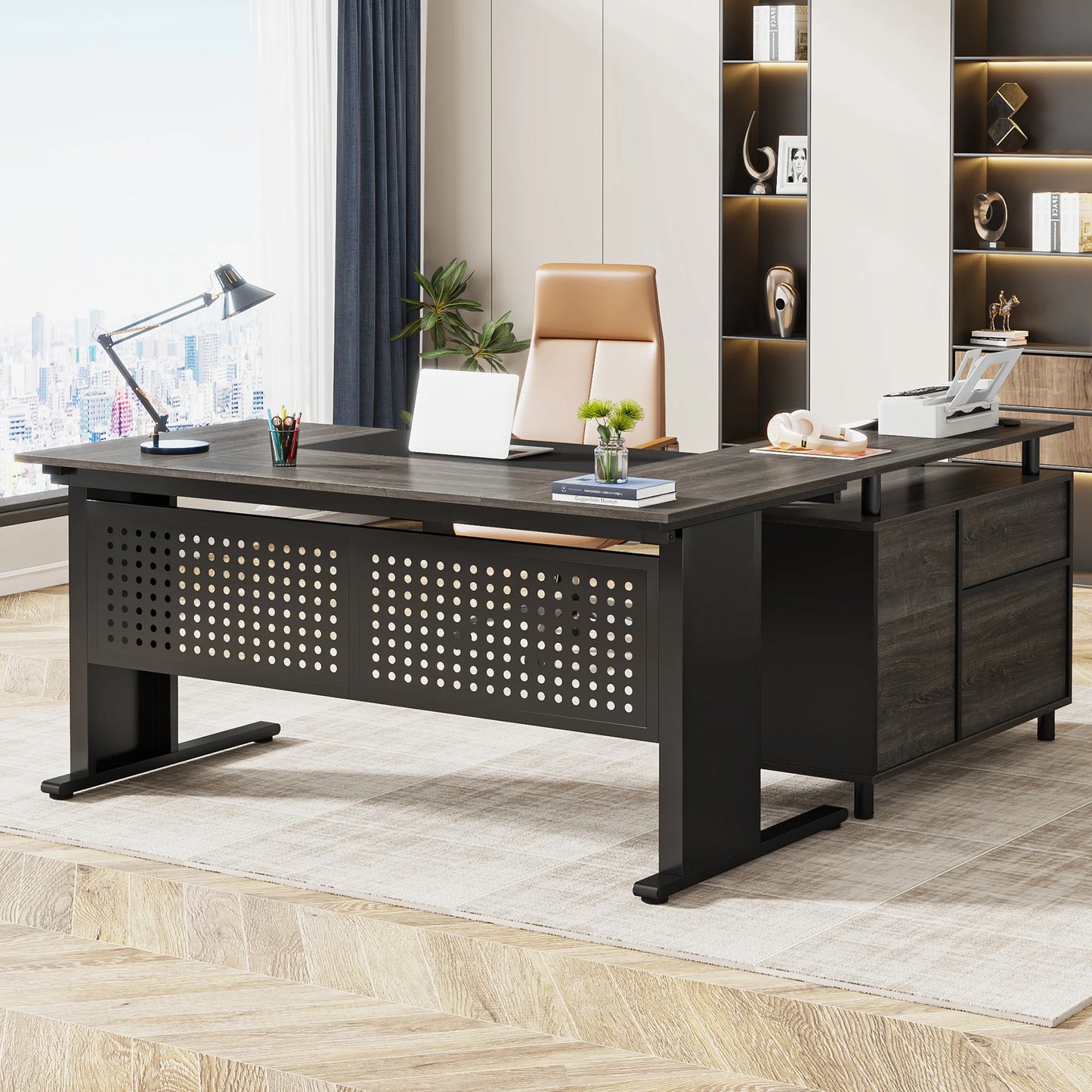 Tribesigns L Shaped Executive Desk With File Cabinet