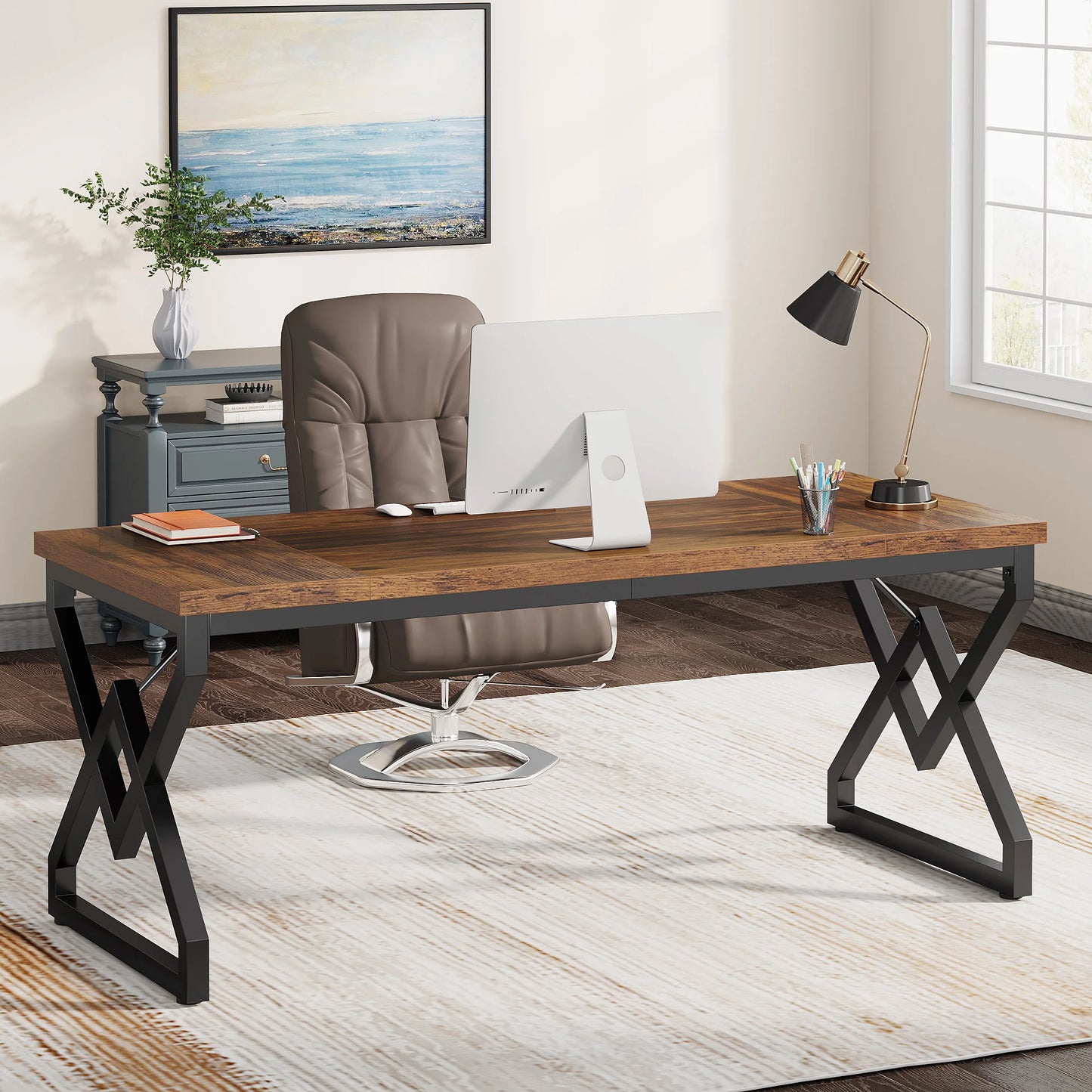 Tribesigns Industrial Executive Desk With Thick Tabletop And Metal Frame