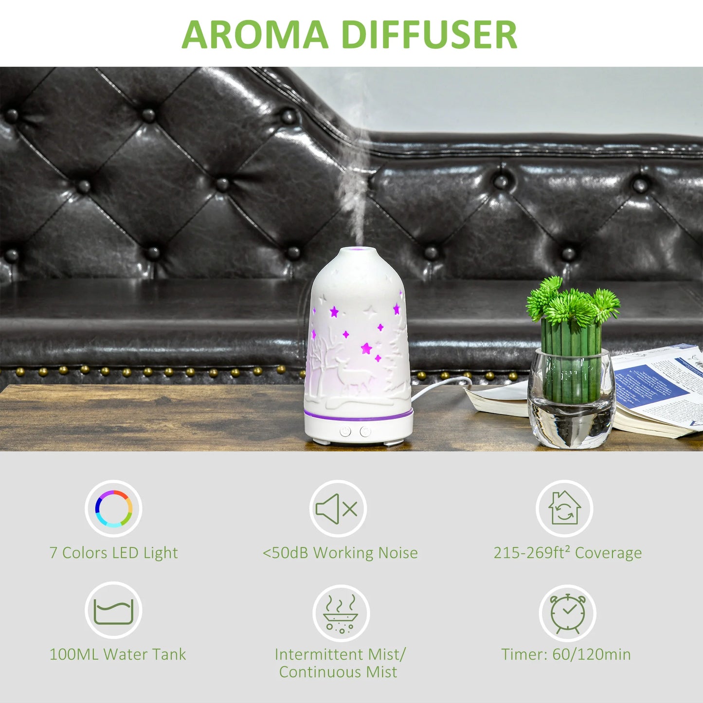 Ultrasonic Aromatherapy Diffuser Humidifier With 7 LED Lights