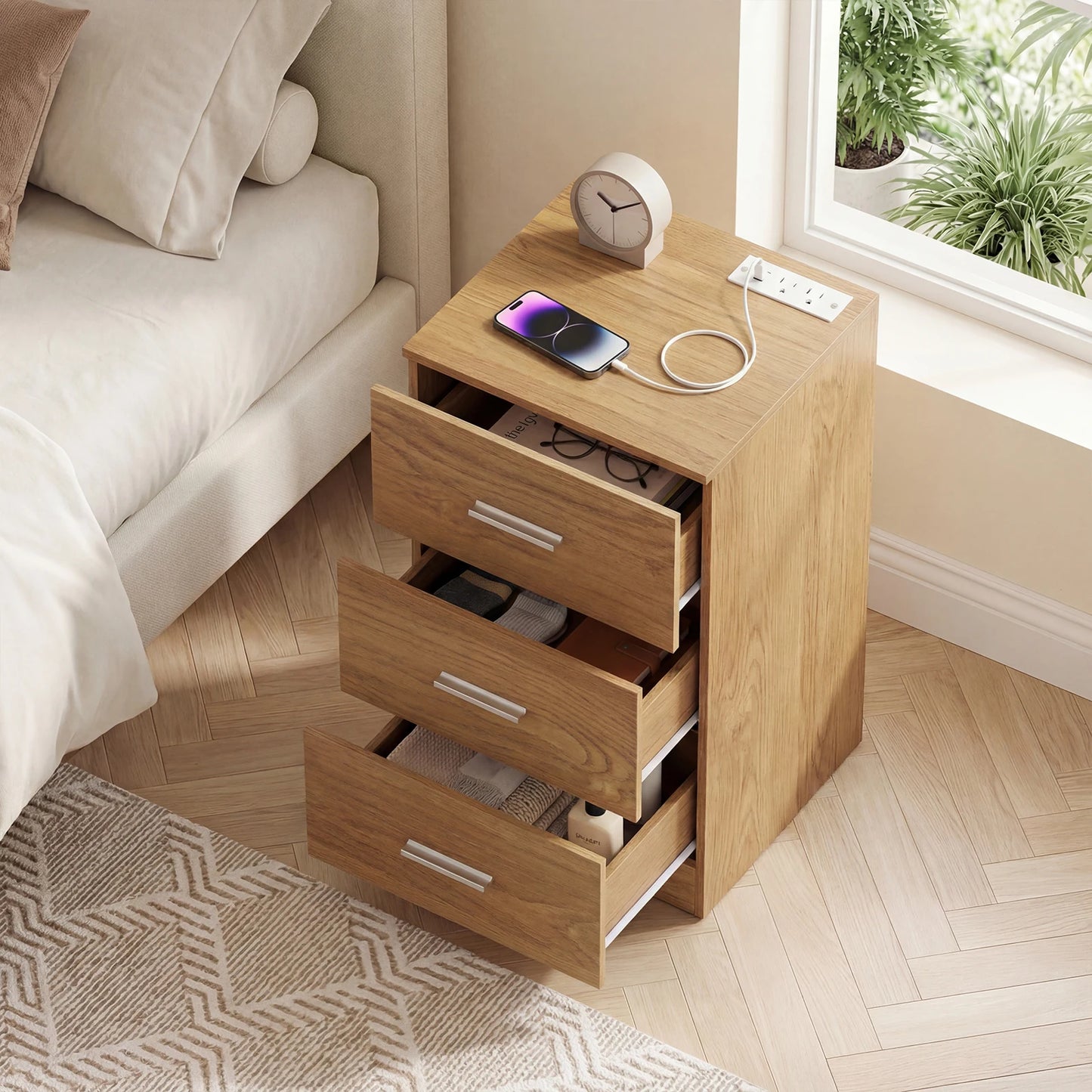 HOMASIS Nightstand with Charging Station and Three Drawers