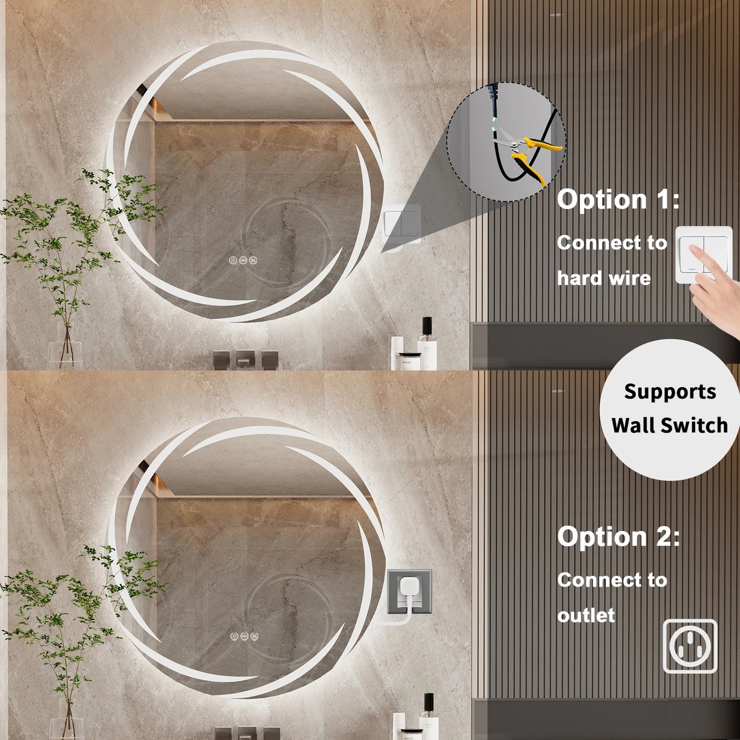 LED Round Bathroom Mirror Backlit Anti-Fog Dimmable Three-Color Lights