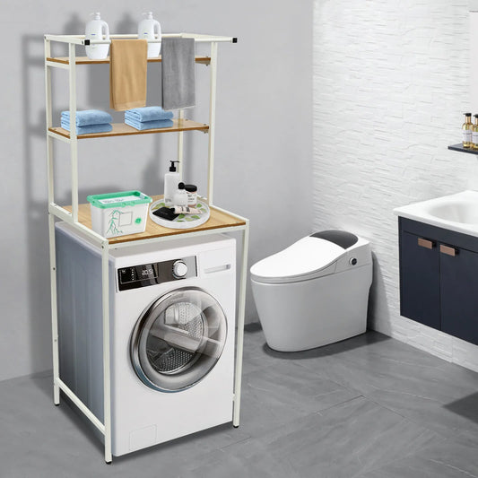 Three Tier Washer Dryer Storage Shelf With Rod Bathroom Organizer