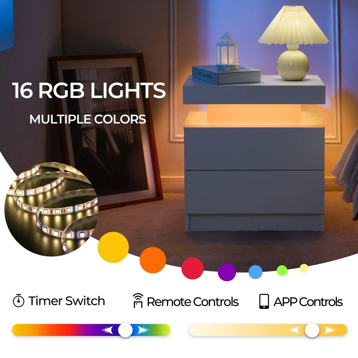 Cubehom Nightstand Set Of 2 With LED Light And Drawers