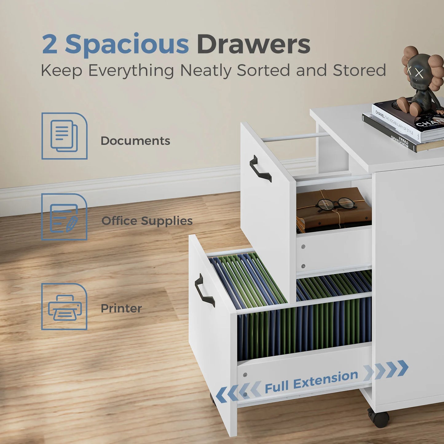 JHK Wooden Two Drawer Rolling File Cabinet With Locking Wheels