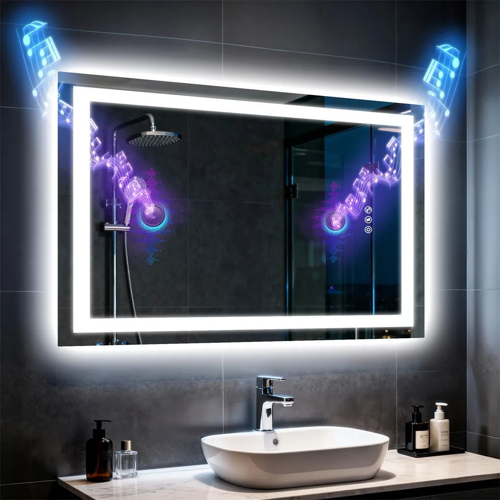 Borwart Smart Led Bathroom Mirror Antifog Tempered Glass Dual Speaker